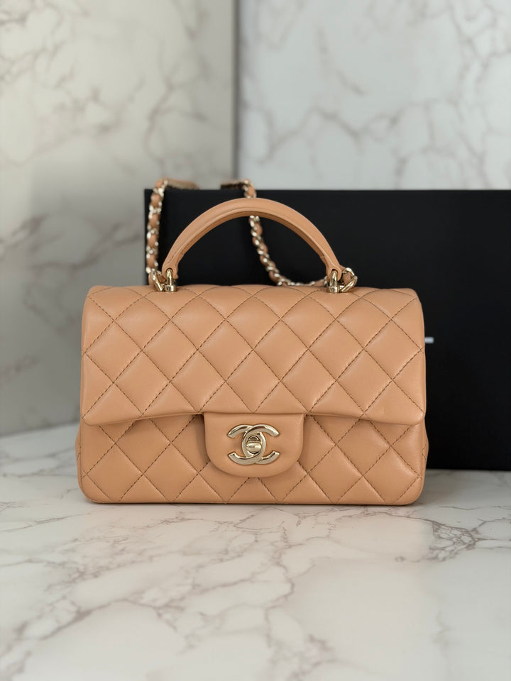 CHANEL 23K 2023 Dark Beige NR649 Lambskin LGHW Mini Rectangular Flap Bag with Top Handle