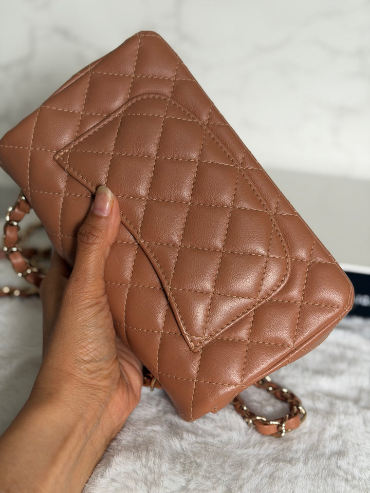 CHANEL 22S Caramel Brown NB356 Lambskin LGHW Mini Rectangular Flap Bag 2022