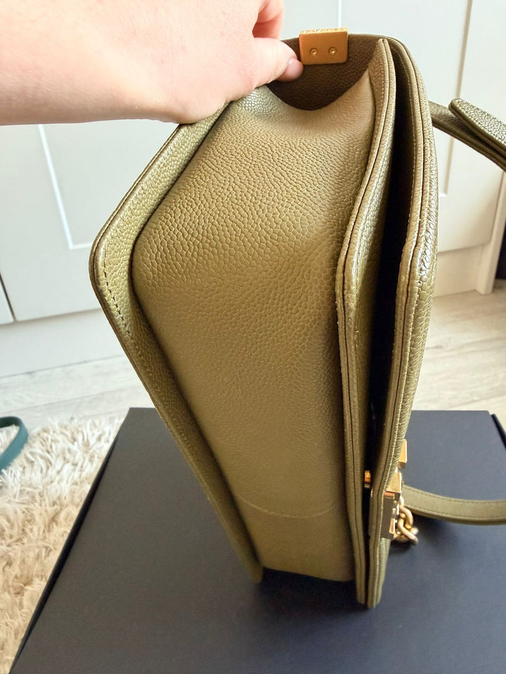 CHANEL series 23 Khaki Green Caviar with Pink lining NEW Medium Le Boy Flap Bag 2016