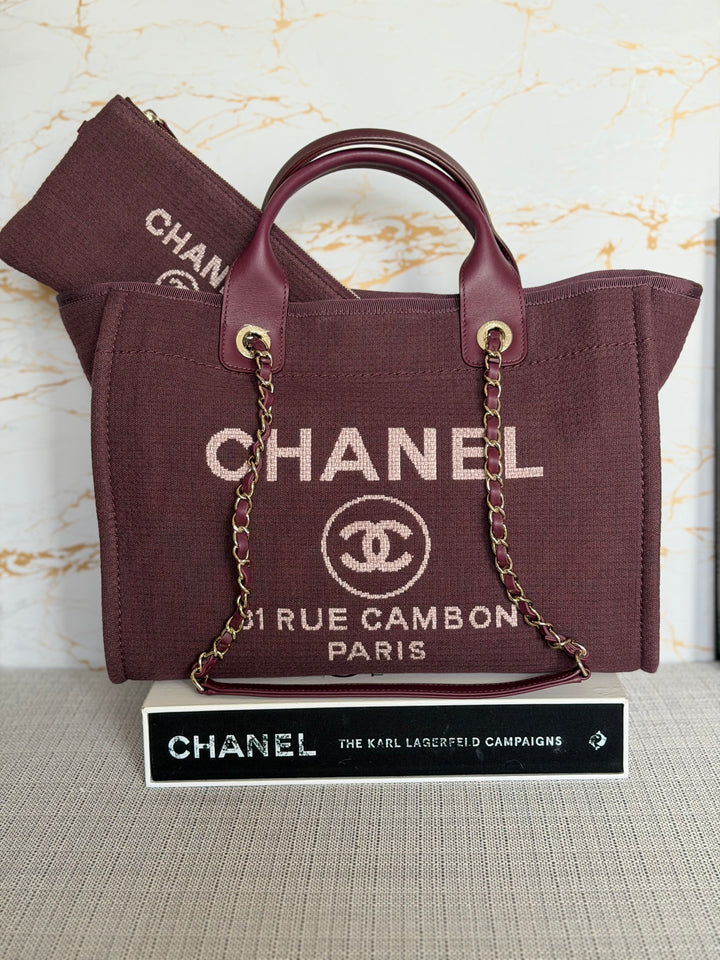 Chanel Burgundy Tweed Deauville Tote with Leather top handle size SMALL 13 inches 2024