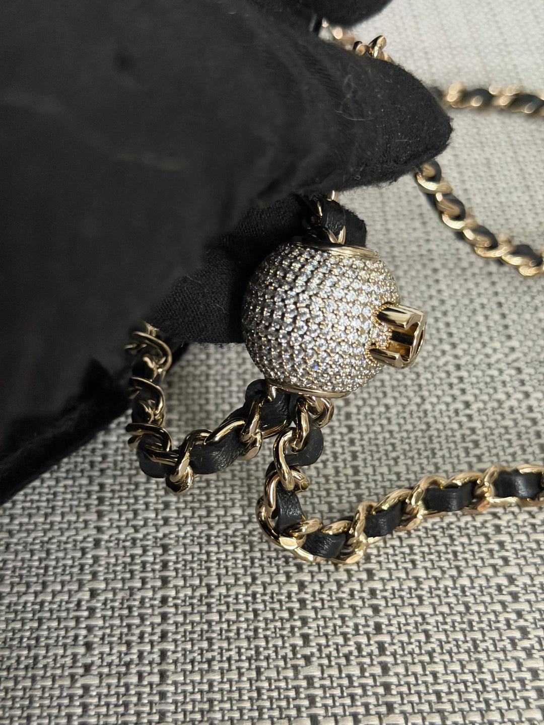 CHANEL 2025 Black Velvet Crystal Pearl Crush Adjustable Strap Wallet on Chain (WOC)