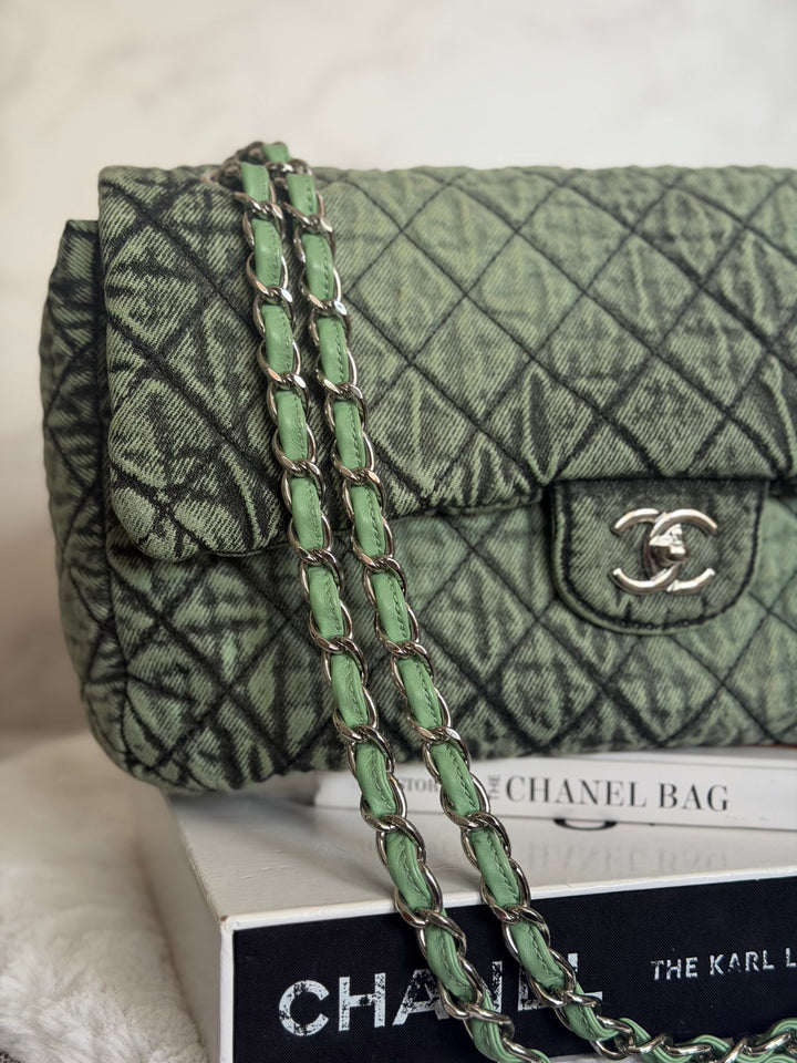 CHANEL 20C series 29 Green Denim Jumbo SHW Denimpression Flap Bag 2020