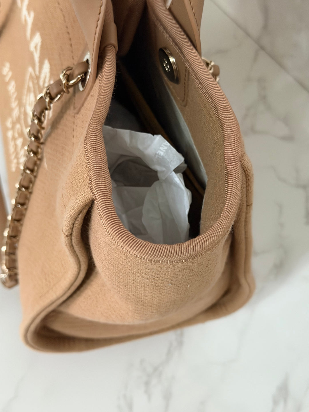 CHANEL 24P collection 2024 Beige Tweed Deauville Tote size Small with top handle LGHW and pouch