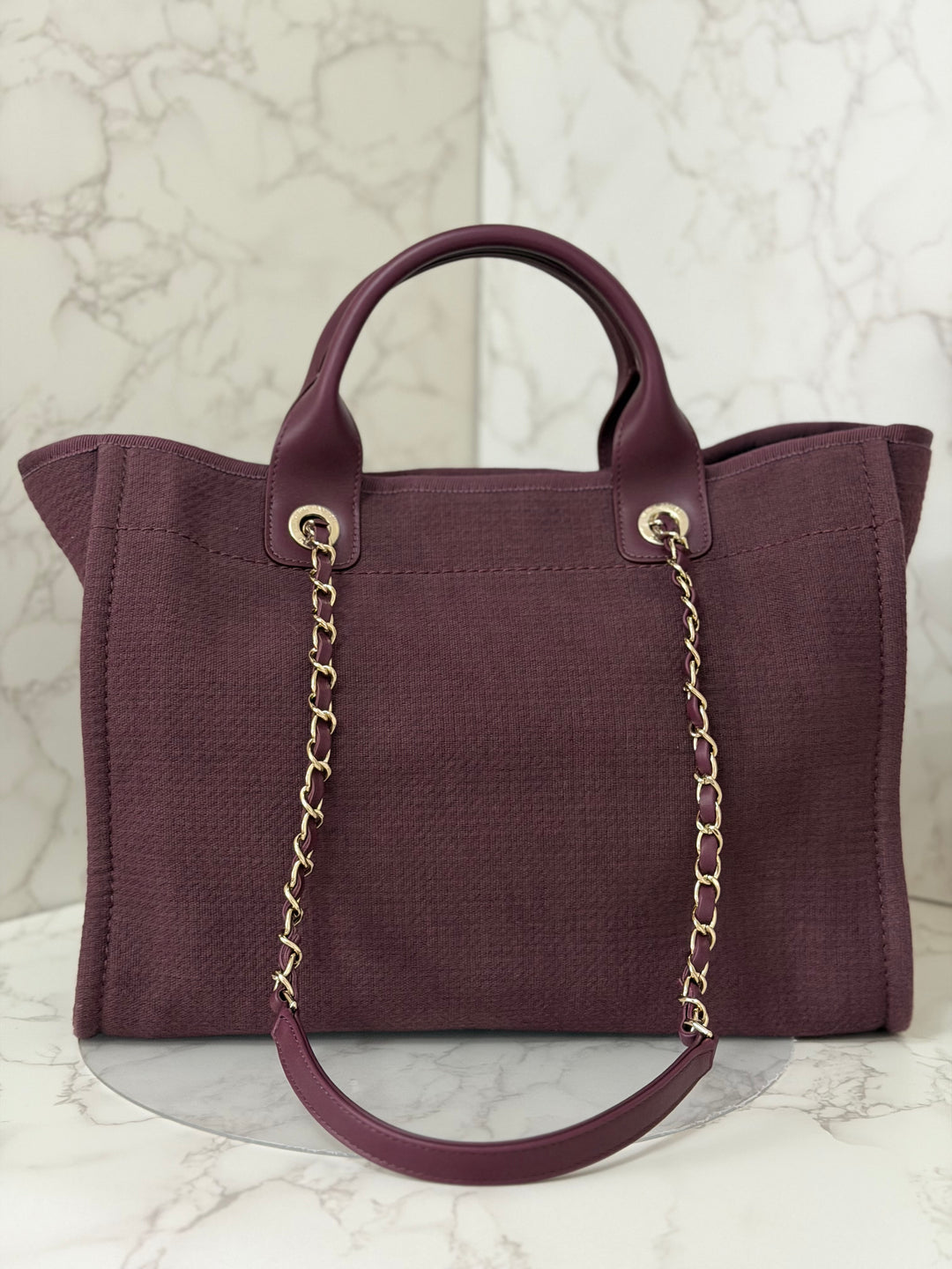 Chanel 24B Collection 2024 Burgundy Tweed Deauville Tote with Leather top handle size small and Detachable pouch