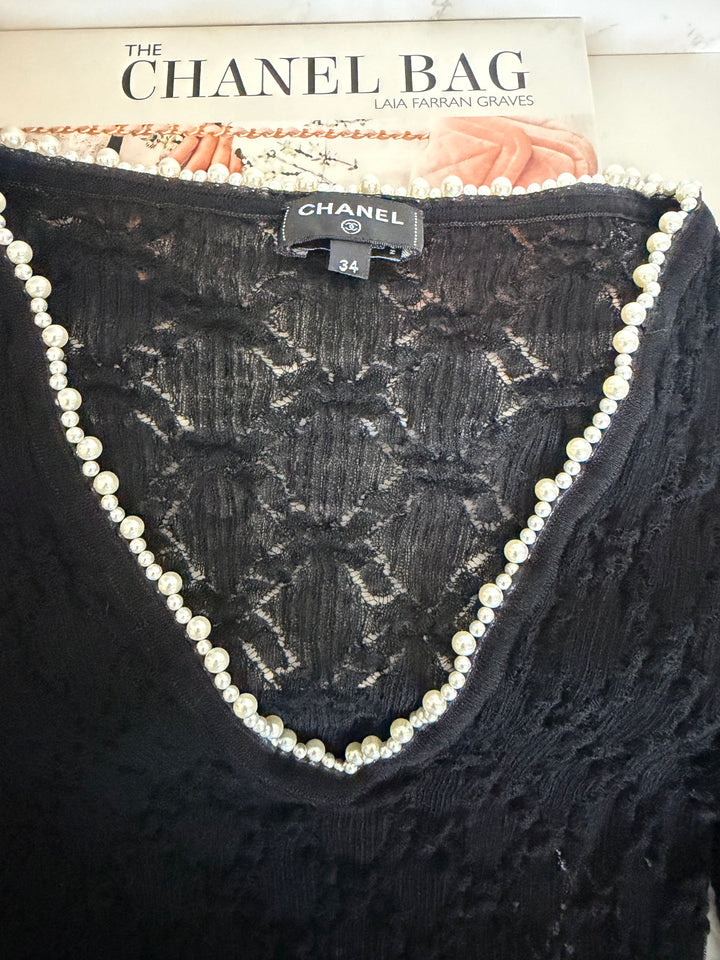 CHANEL 22B Pearl Round the Neck Black Lace Top 2022 size EU 34