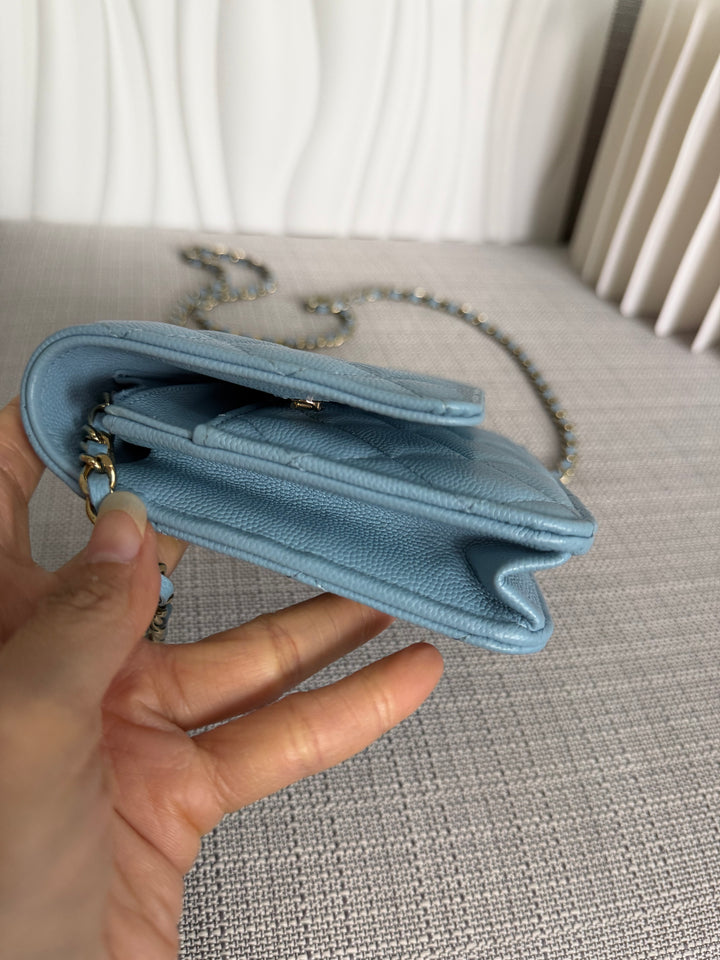 CHANEL 22S Collection 2022 Baby Blue/ Light Blue Caviar LGHW Classic Wallet on chain (WOC)