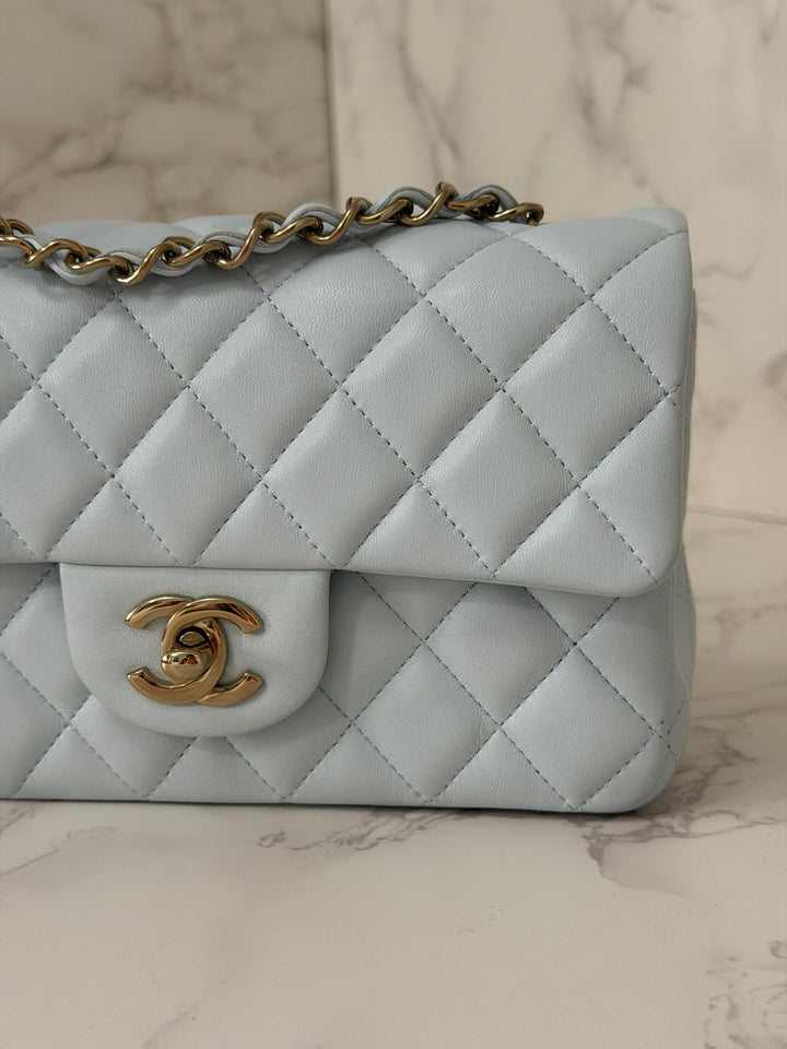 CHANEL 25S collection 2025 Light Baby Blue Lambskin LGHW Mini Rectangular Flap Bag