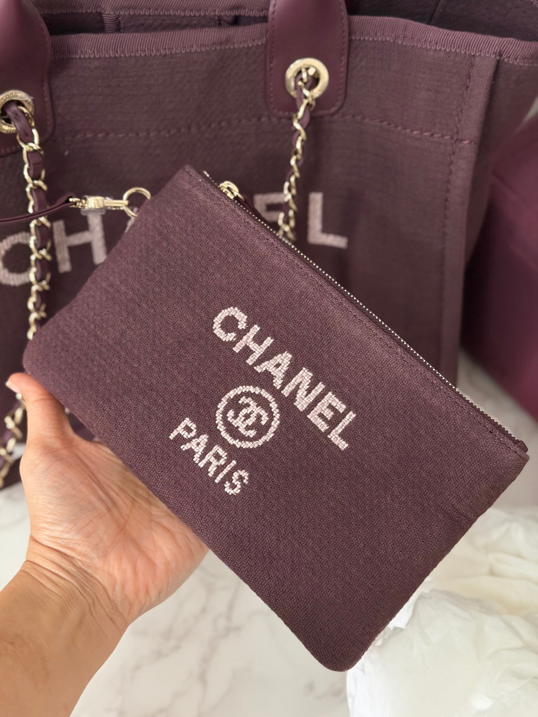 Chanel 24B Collection 2024 Burgundy Tweed Deauville Tote with Leather top handle size small and Detachable pouch