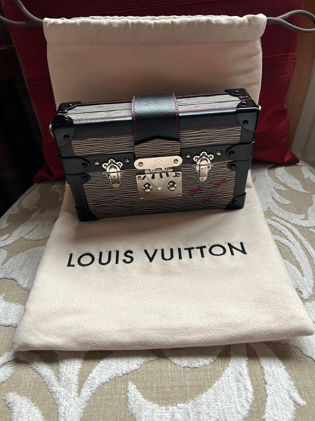 LOUIS VUITTON Red White and Black Leather Trunk Petite Malle with Silver Hardware 2015