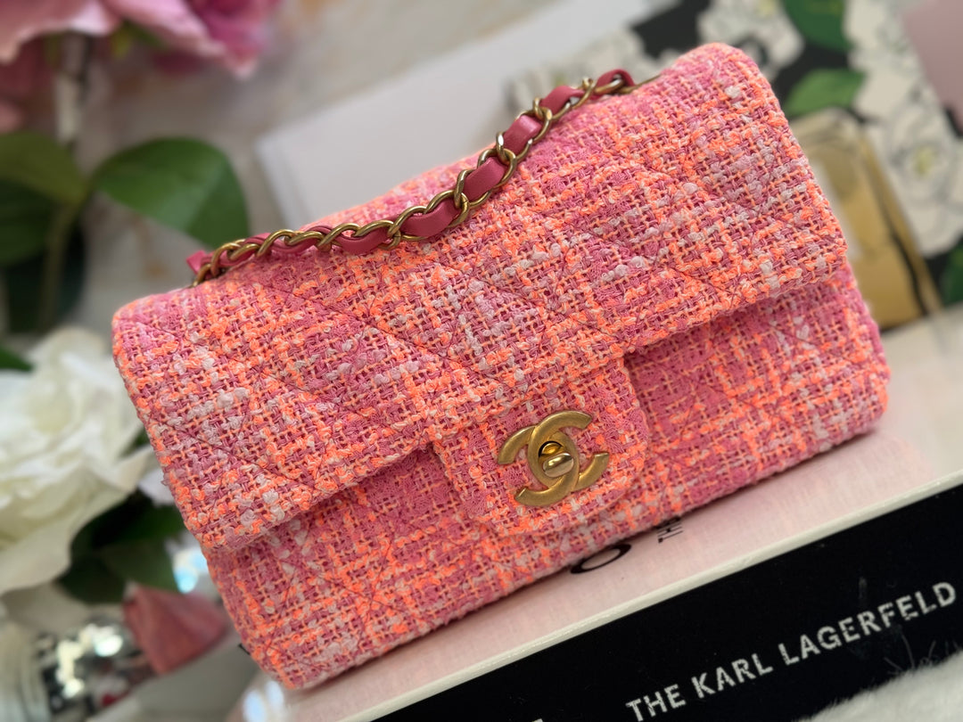 Chanel 24C 2024 Cruise Collection Tweed Pink Orange White Mini Rectangular Flap Bag with Aged GHW
