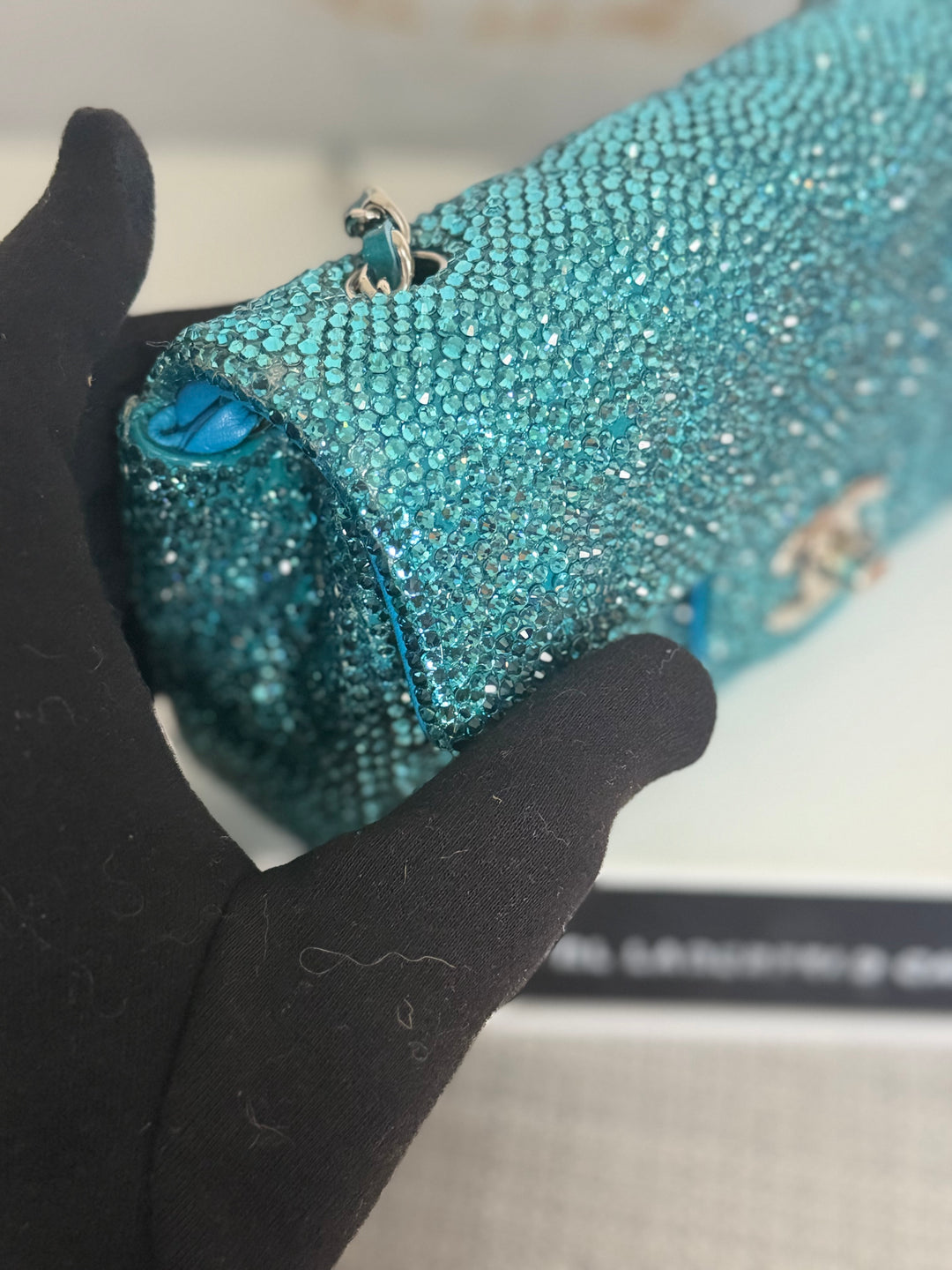 CHANEL series 21 Turquoise Teal Green Blue Diamanté Swarovski Crystal Strasssd Extra Mini Flap Bag with SHW *unicorn* RARE