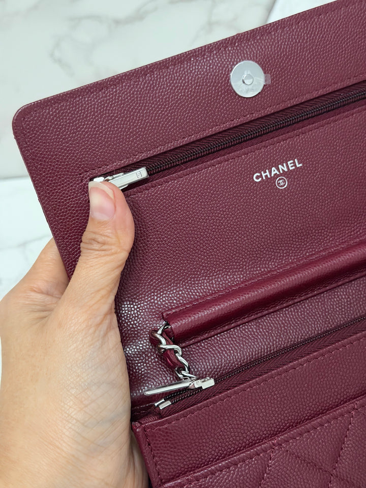 CHANEL 2024 Burgundy Caviar SHW Classic Wallet on chain (WOC) with crystal CC Logo