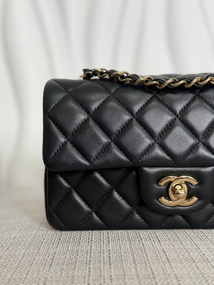 CHANEL Black Lambskin LGHW Mini Rectangular Flap Bag 2025