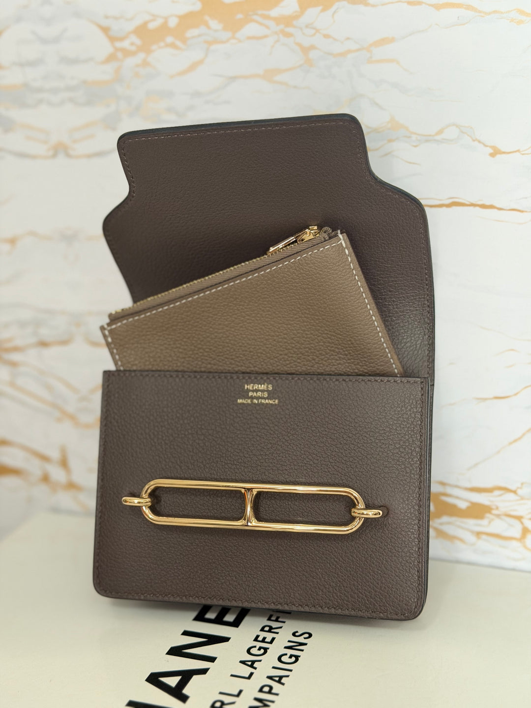 HERMÈS Mini Roulis Slim Wallet in Ecorce outer and Etoupe inner Evercolor leather GHW