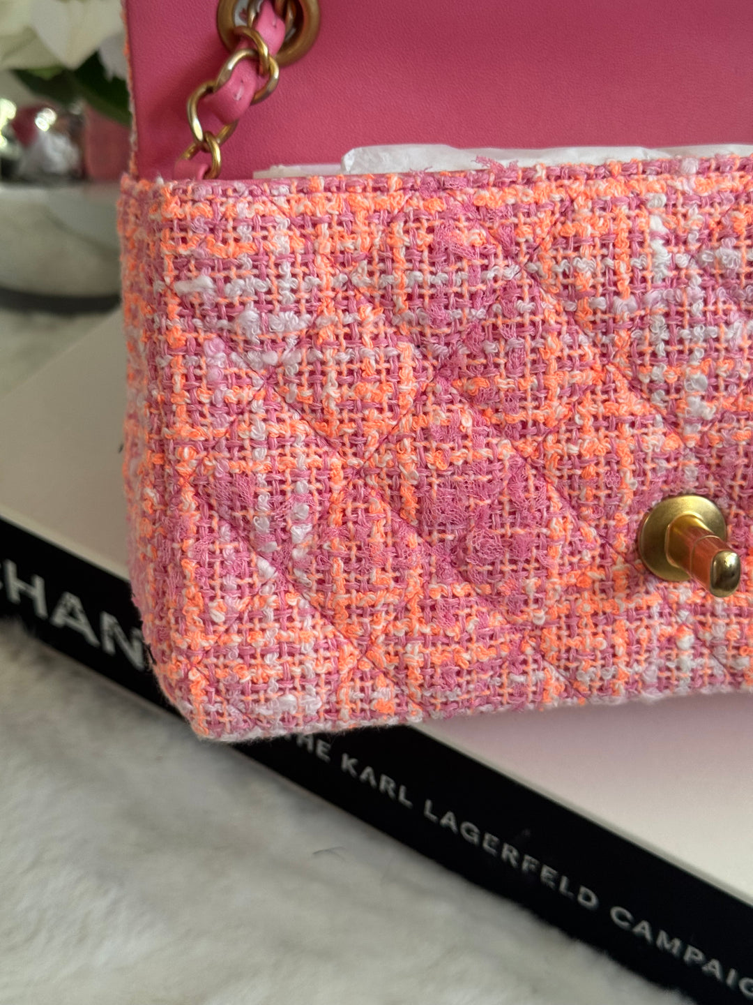 Chanel 24C 2024 Cruise Collection Tweed Pink Orange White Mini Rectangular Flap Bag with Aged GHW