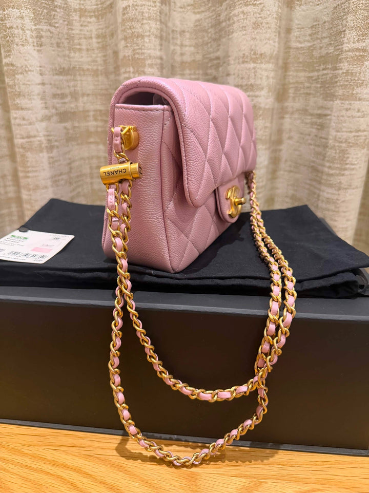 CHANEL 21K iridescent pink caviar aged GHW Adjustable chain My Perfect Mini Flap Bag 2021