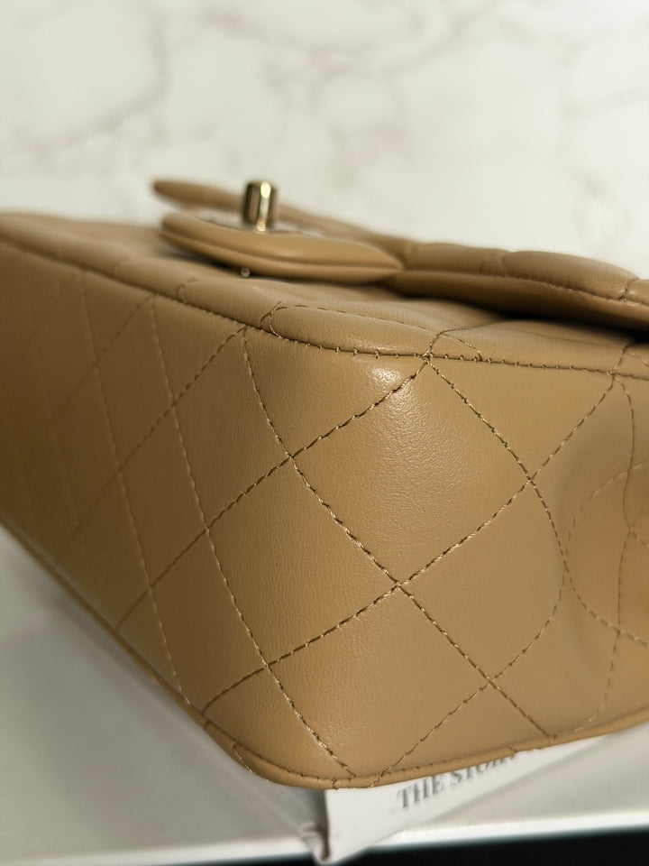 CHANEL Dark Beige Lambskin LGHW Mini Rectangular Flap Bag with Top Handle 2023