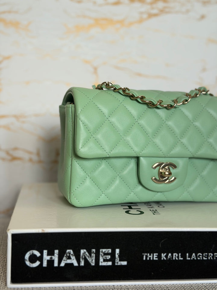 CHANEL Pastel Green Lambskin LGHW Mini Rectangular Flap Bag 2024 8 inches 20 cms