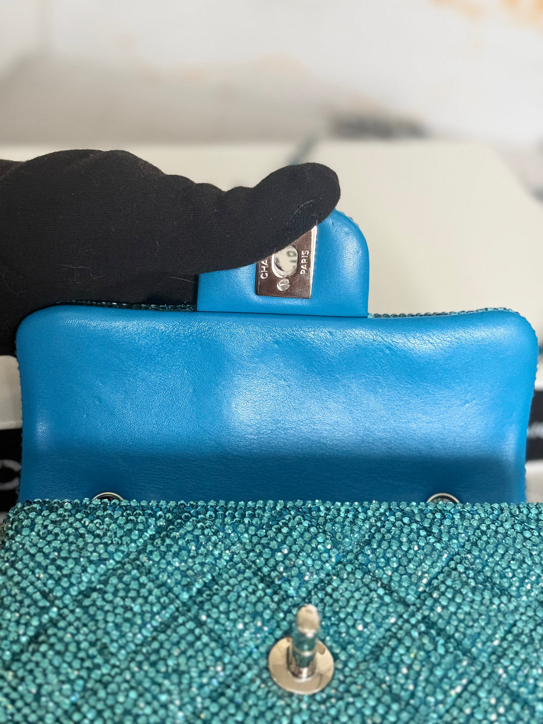 CHANEL series 21 Turquoise Teal Green Blue Diamanté Swarovski Crystal Strasssd Extra Mini Flap Bag with SHW *unicorn* RARE