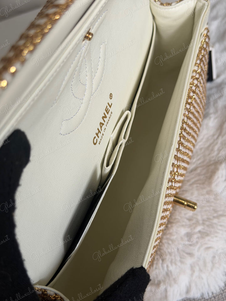 CHANEL series 17 Beige/Ivory Gold Tweed Medium ML Timeless Classic Double Flap Bag 2012 with LGHW