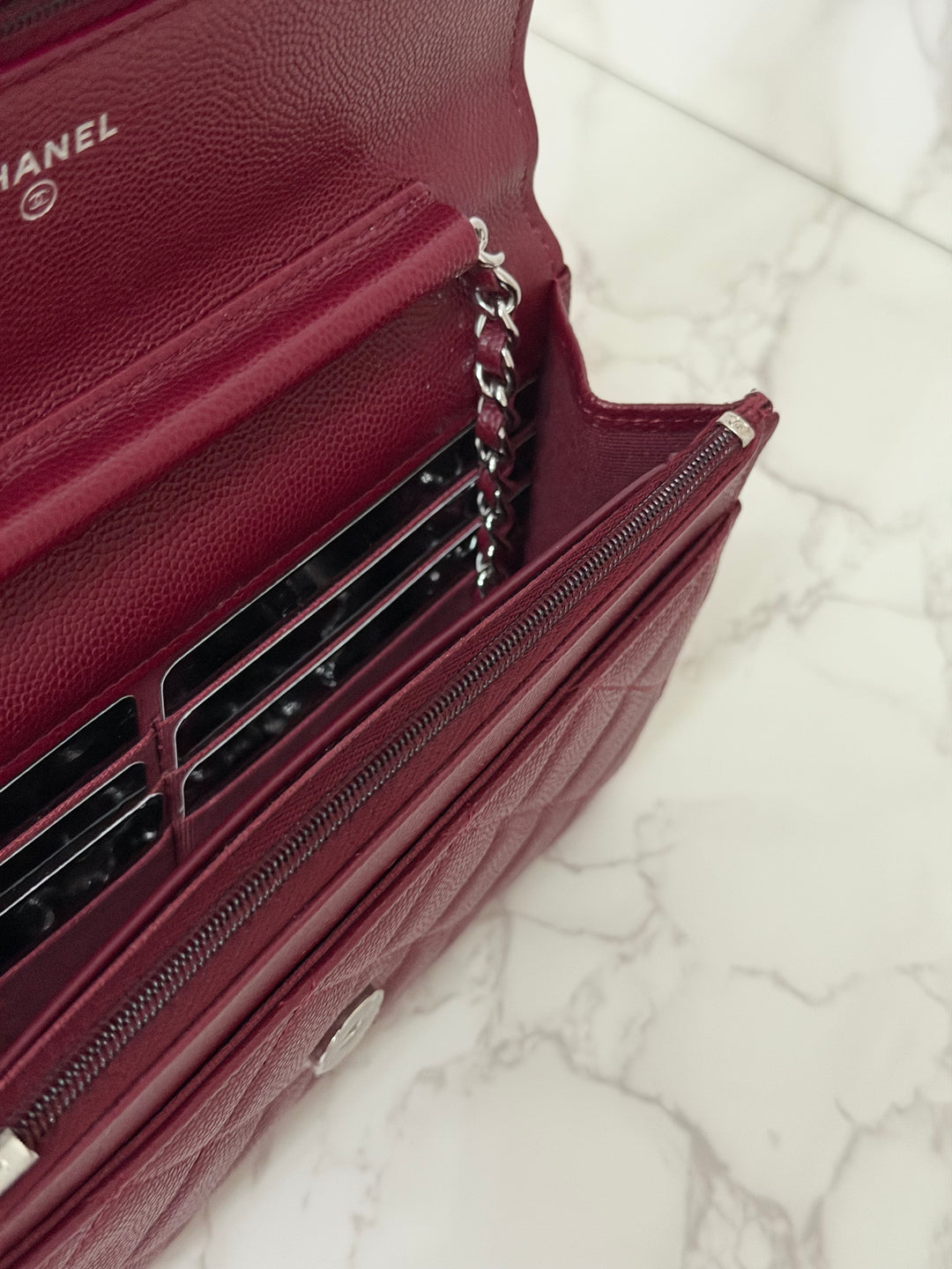 CHANEL 2024 Burgundy Caviar SHW Classic Wallet on chain (WOC) with crystal CC Logo