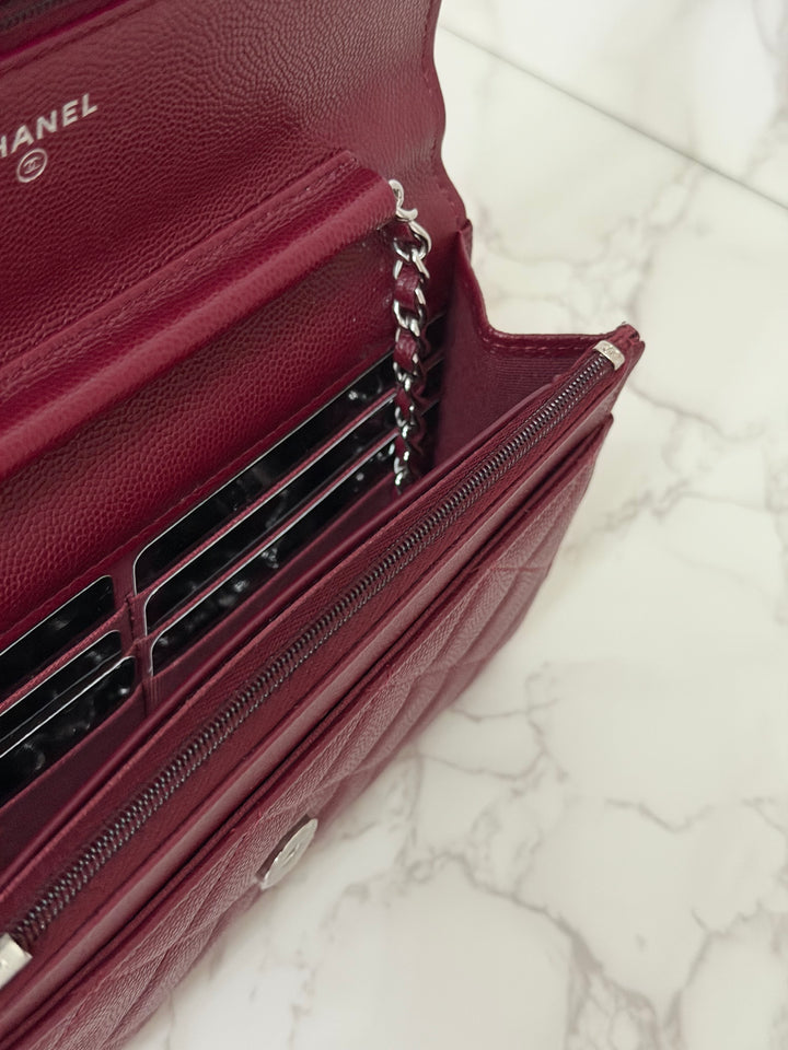 CHANEL 2024 Burgundy Caviar SHW Classic Wallet on chain (WOC) with crystal CC Logo