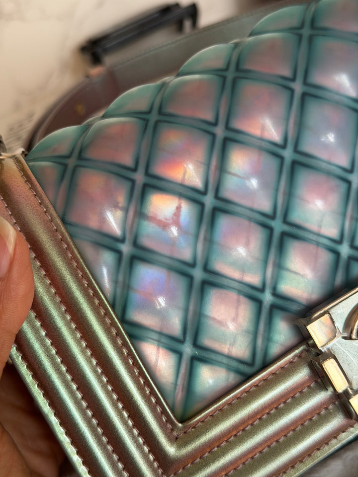 CHANEL 18S Iridescent Patent Calf Skin Purple Blue Mermaid Le Boy Flap Bag size Small