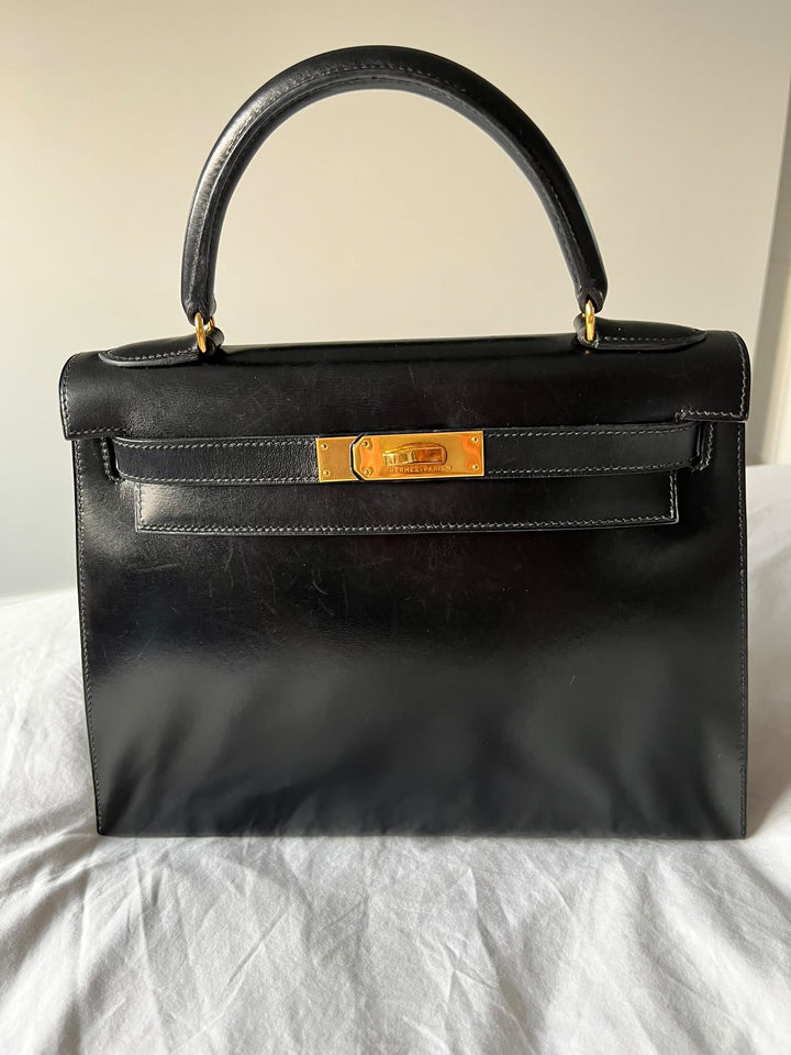WA/Email to purchase only- HERMÈS Kelly 28 Vintage in Black 89 Noir 89 Box Leather GHW Stamp U in circle 1991