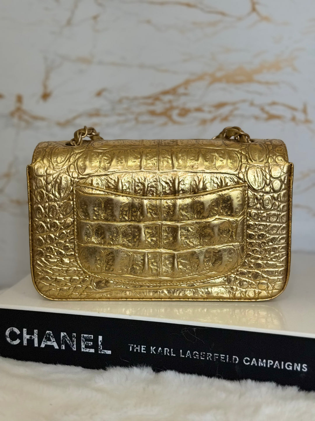 CHANEL series 28 19A Metiers d'Art collection Gold Croc Embossed Calf Skin Mini Rectangular Flap Bag with Aged GHW 2019 RARE