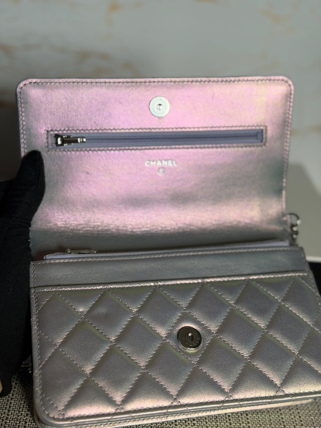 CHANEL Silver Lambskin SHW Classic Wallet on Chain (WOC) 2022