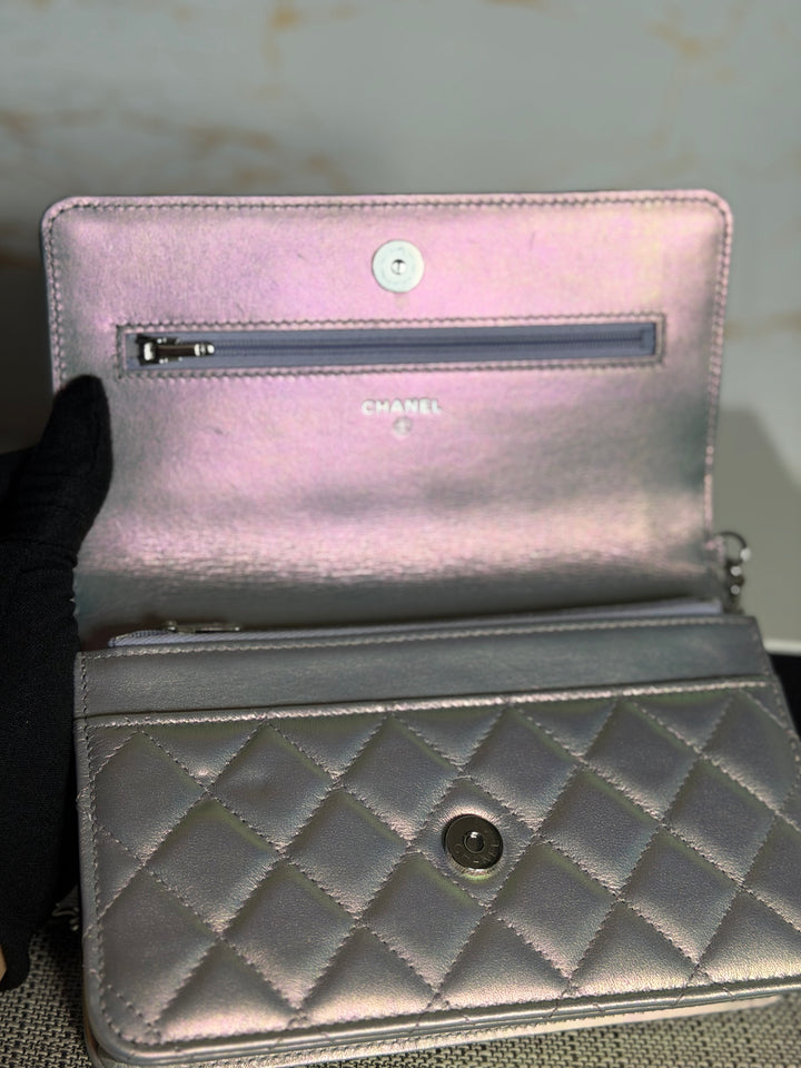 CHANEL Silver Lambskin SHW Classic Wallet on Chain (WOC) 2022