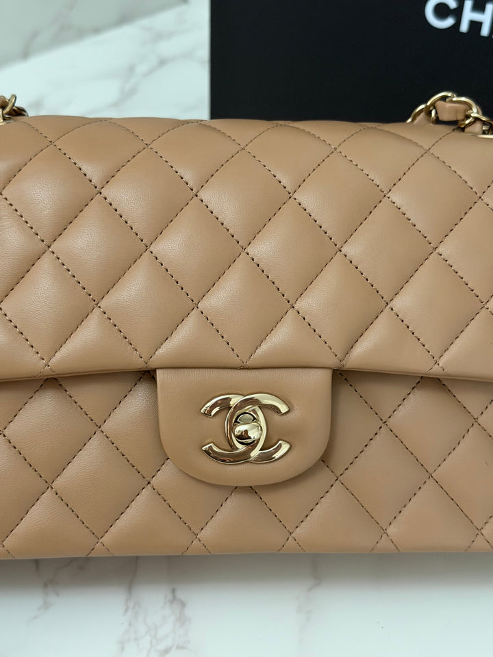 CHANEL 22K collection 2022 Dark Beige Lambskin LGHW Medium ML Timeless Classic Double Flap Bag
