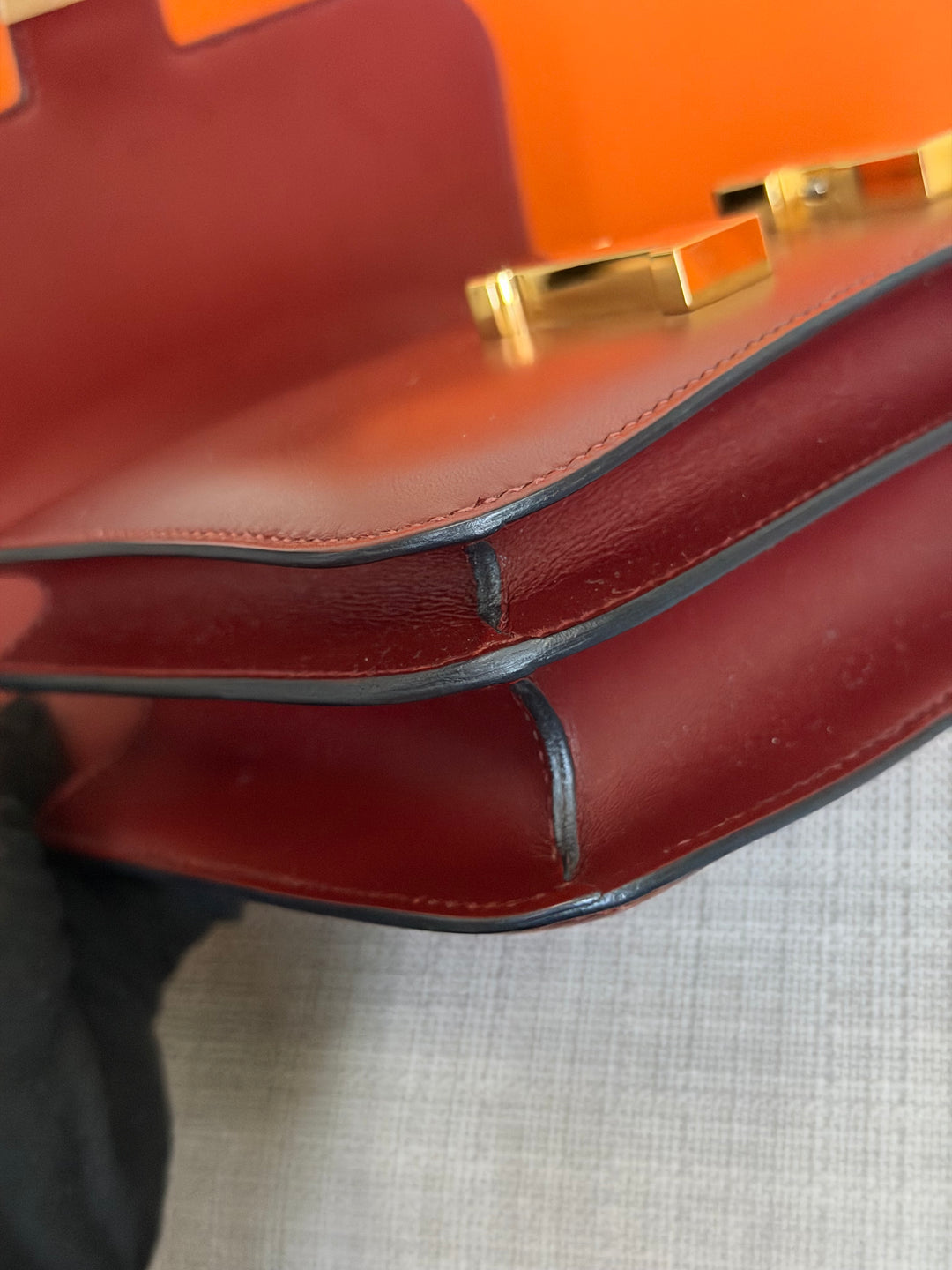 HERMÈS Rouge H Box Leather GHW Mini Constance 18 Flap Bag stamp D 2019