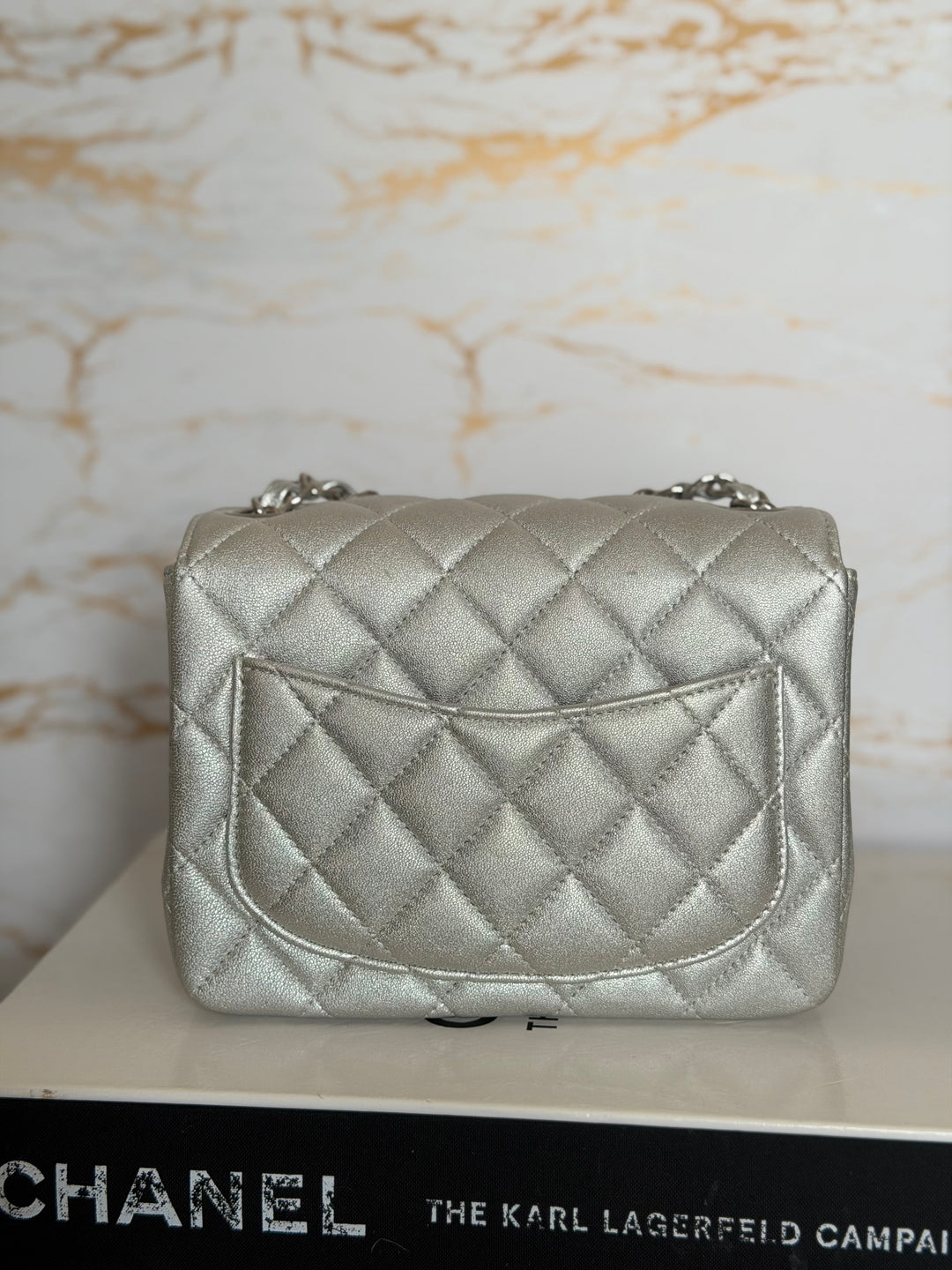 CHANEL Metallic Silver Lambskin SHW Square Mini Flap Bag 2021 21P collection series 31