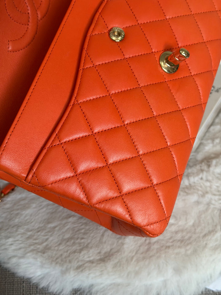 CHANEL 20S Orange Lambskin LGHW Medium ML Timeless Classic Double Flap Bag