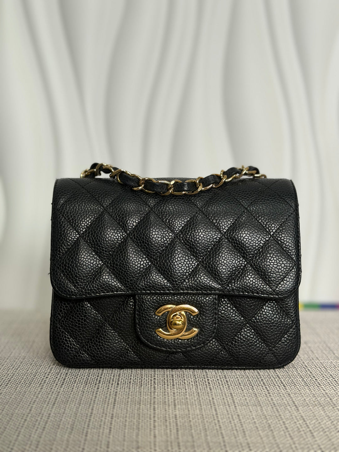 CHANEL series 13 Black Caviar GHW Vintage Square Mini Flap Bag with Edge stitching