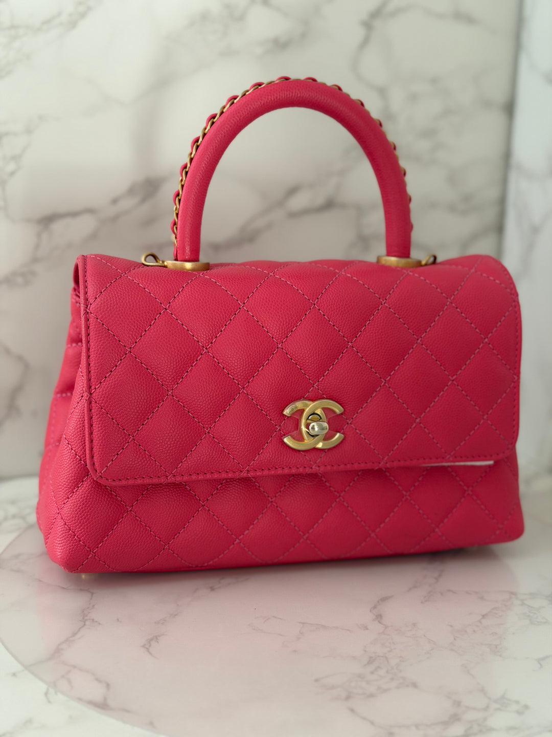 Chanel 23P Collection 2023 Dark Pink Caviar Aged GHW Coco Handle with Detachable Strap and enchained handle size Small
