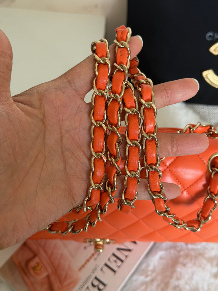CHANEL 20S Orange Lambskin LGHW Medium ML Timeless Classic Double Flap Bag