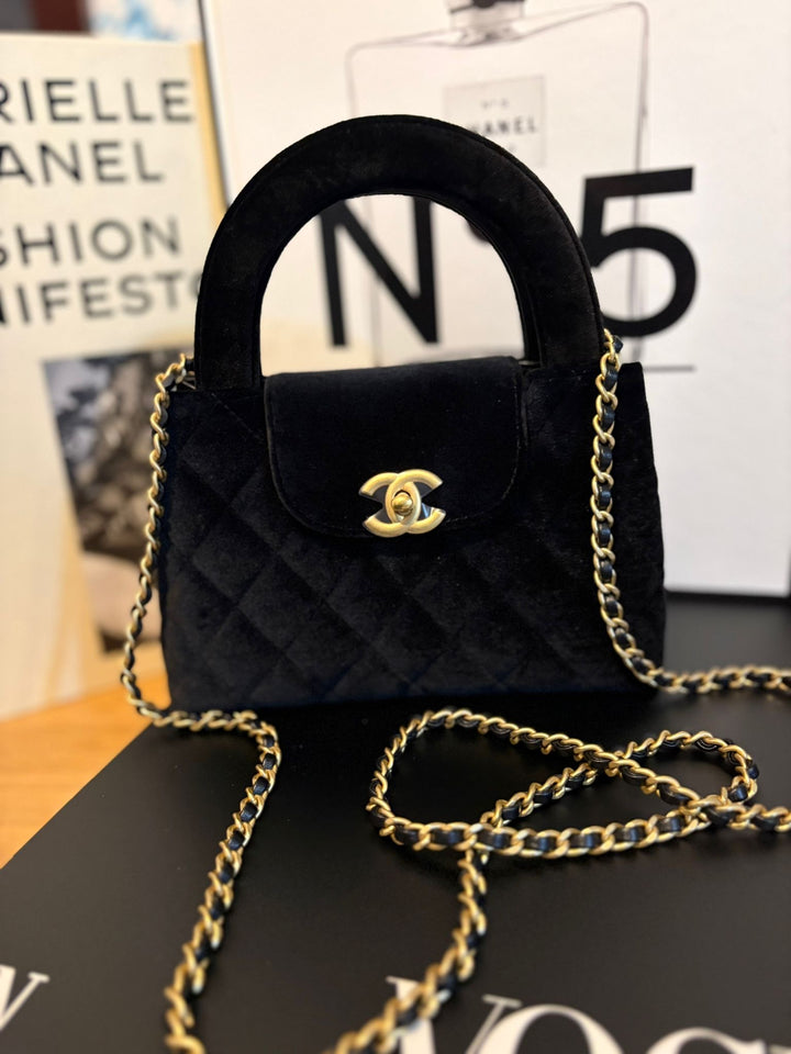 CHANEL Black Velvet Kelly Shopping Bag size SMALL aged GHW 19 cms fits iPhone pro Max 2025