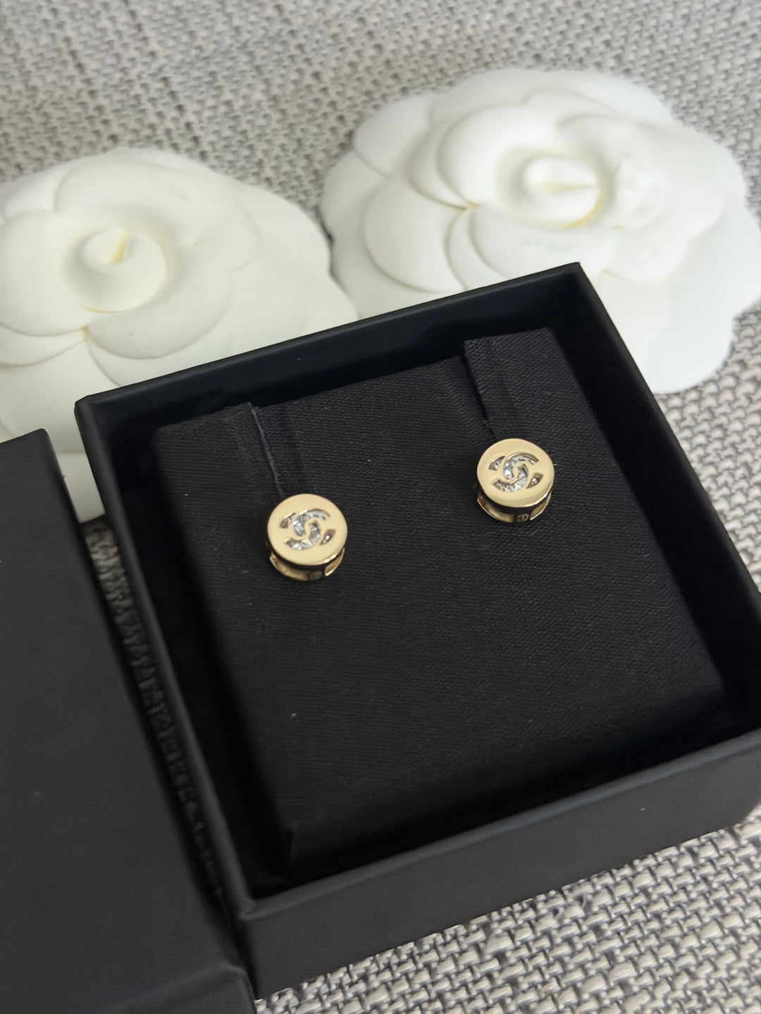 CHANEL 2024 Light Gold Round Earrings with Crystals 0.5 cms diameter