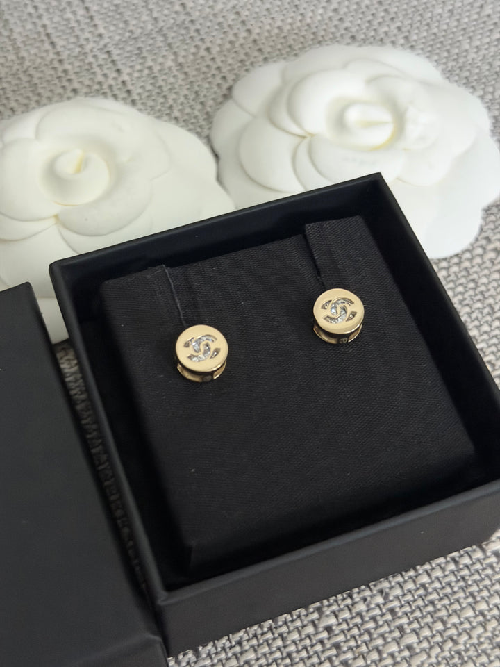 CHANEL 2024 Light Gold Round Earrings with Crystals 0.5 cms diameter