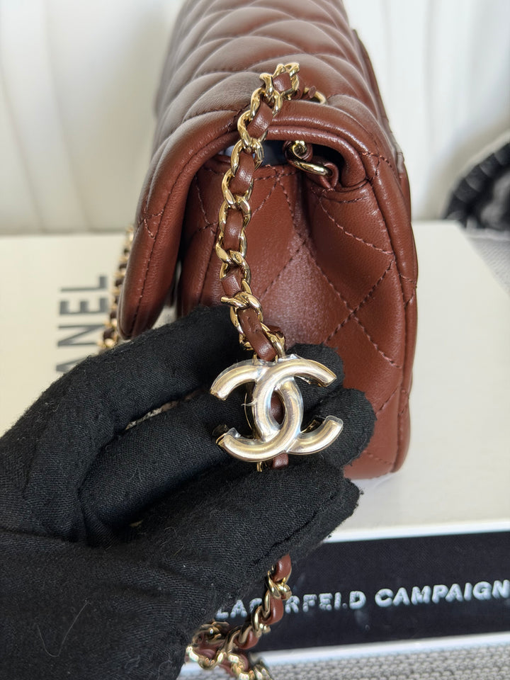 CHANEL 26S Brown Lambskin Adjustable Chain LGHW Mini Rectangular Flap Bag 2026