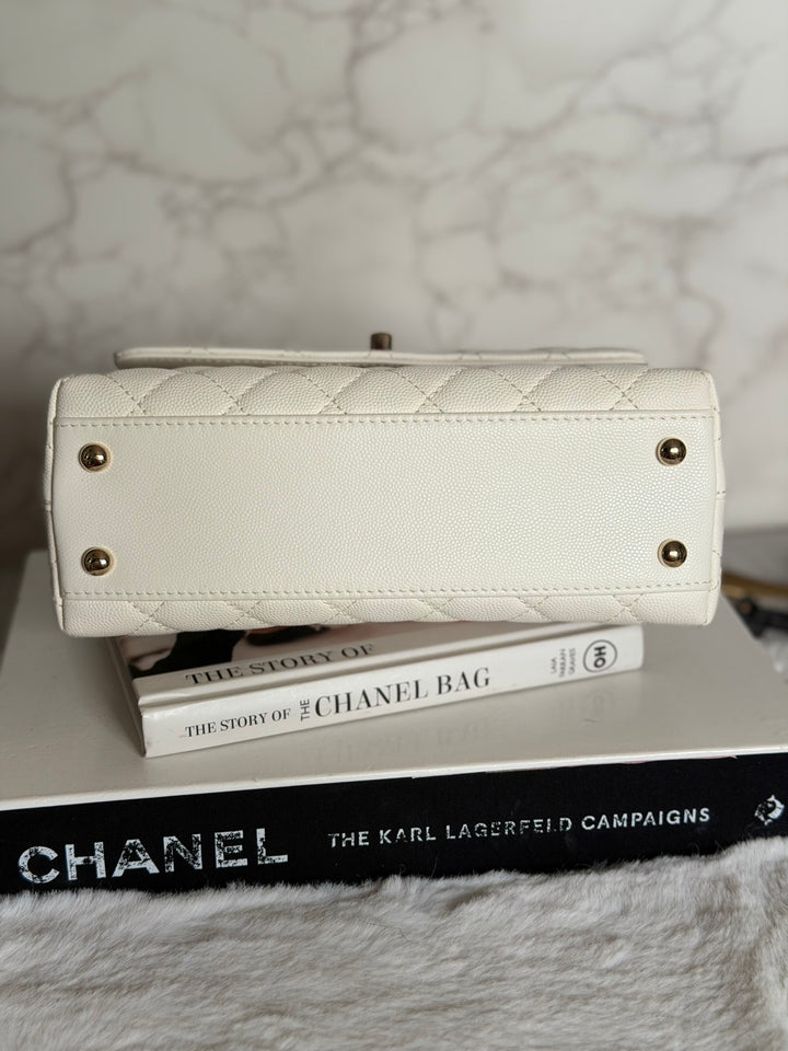 CHANEL White Caviar LGHW Coco Handle Flap Bag Size SMALL with detachable Strap Microchipped