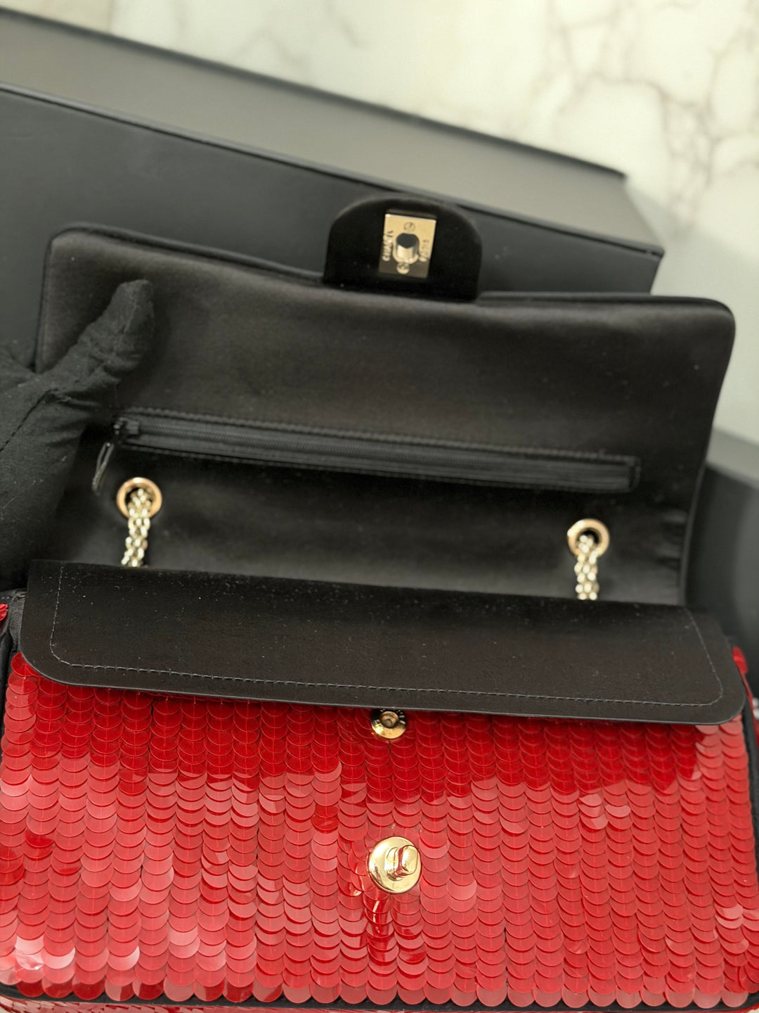 CHANEL series 13 2010 Red Sequin and Black Satin Paris-Shanghai Medium Flap Bag Gold Hardware
