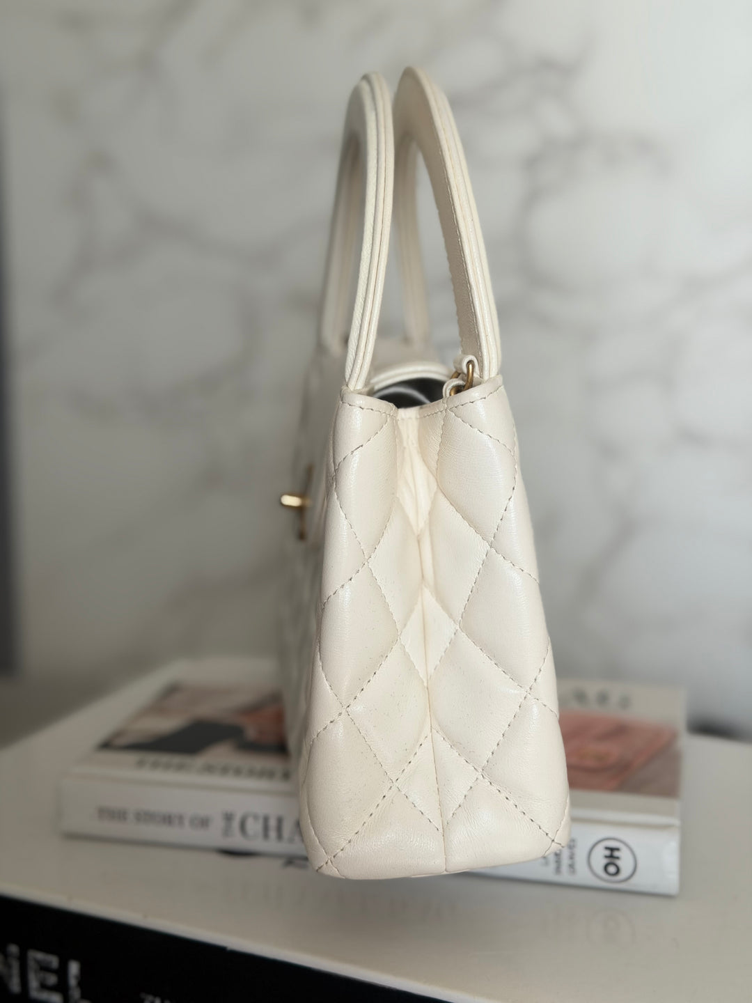 CHANEL White Calf skin Aged GHW Kelly Shopping Bag Size Small 2026