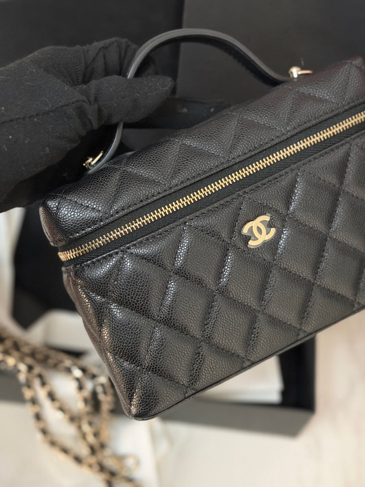CHANEL Black Caviar LGHW Long Vanity with top handle and detachable chain