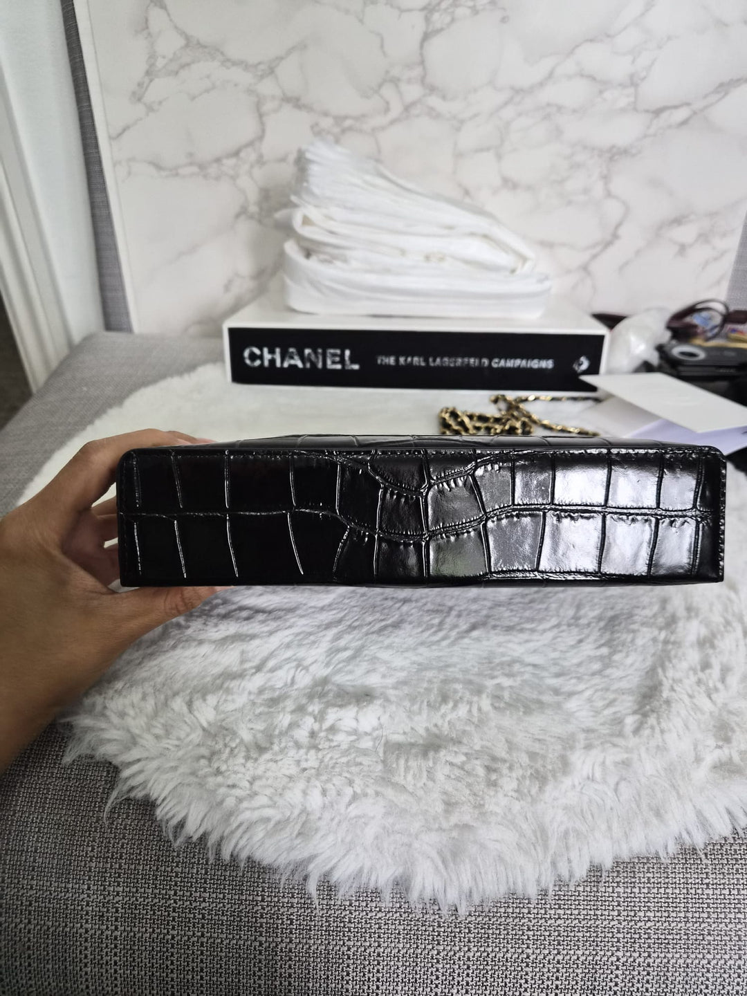 CHANEL 26A Croc Embossed LP Long Vanity size Medium 23 cms LGHW with detachable chain 2026