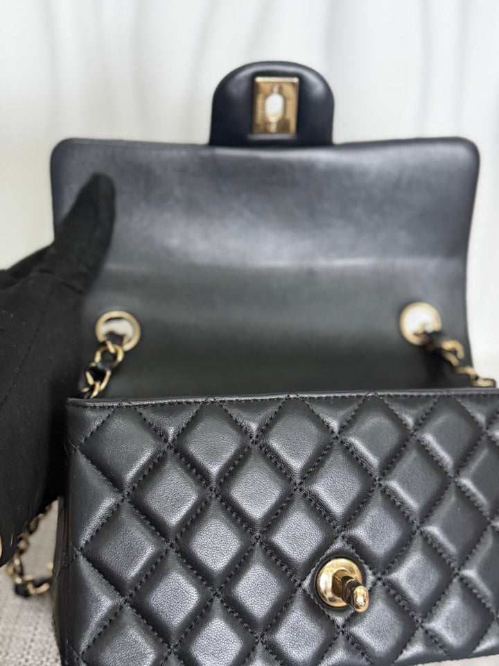 CHANEL Black Lambskin LGHW Mini Rectangular Flap Bag 2025