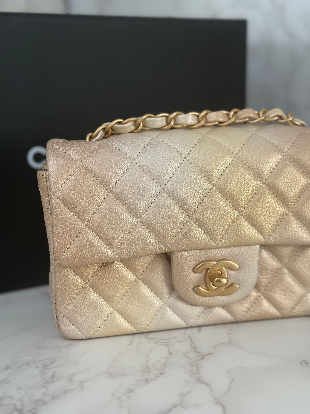 CHANEL 22P Gold Silver Ombré Goat skin Mini Rectangular Flap Bag with Aged GHW 2022