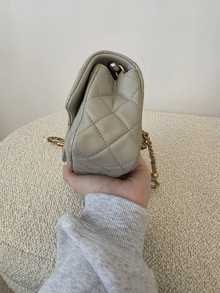 CHANEL Grey Lambskin Adjustable Chain Pearl Crush Mini Rectangular Flap Bag with Aged GHW